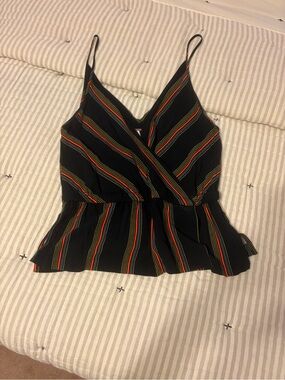 Free People Black Striped V-Neck Peplum Cami Top